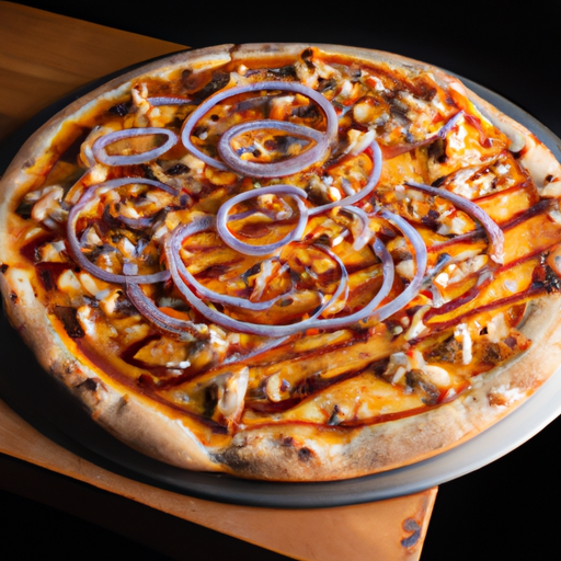 A delicious BBQ Chicken Pizza with barbecue sauce, chicken, red onions, and a blend of cheeses