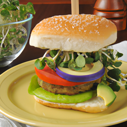 A flavorful veggie burger with avocado and sprouts