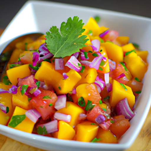 Colorful mango salsa with diced mango, red onion, and cilantro